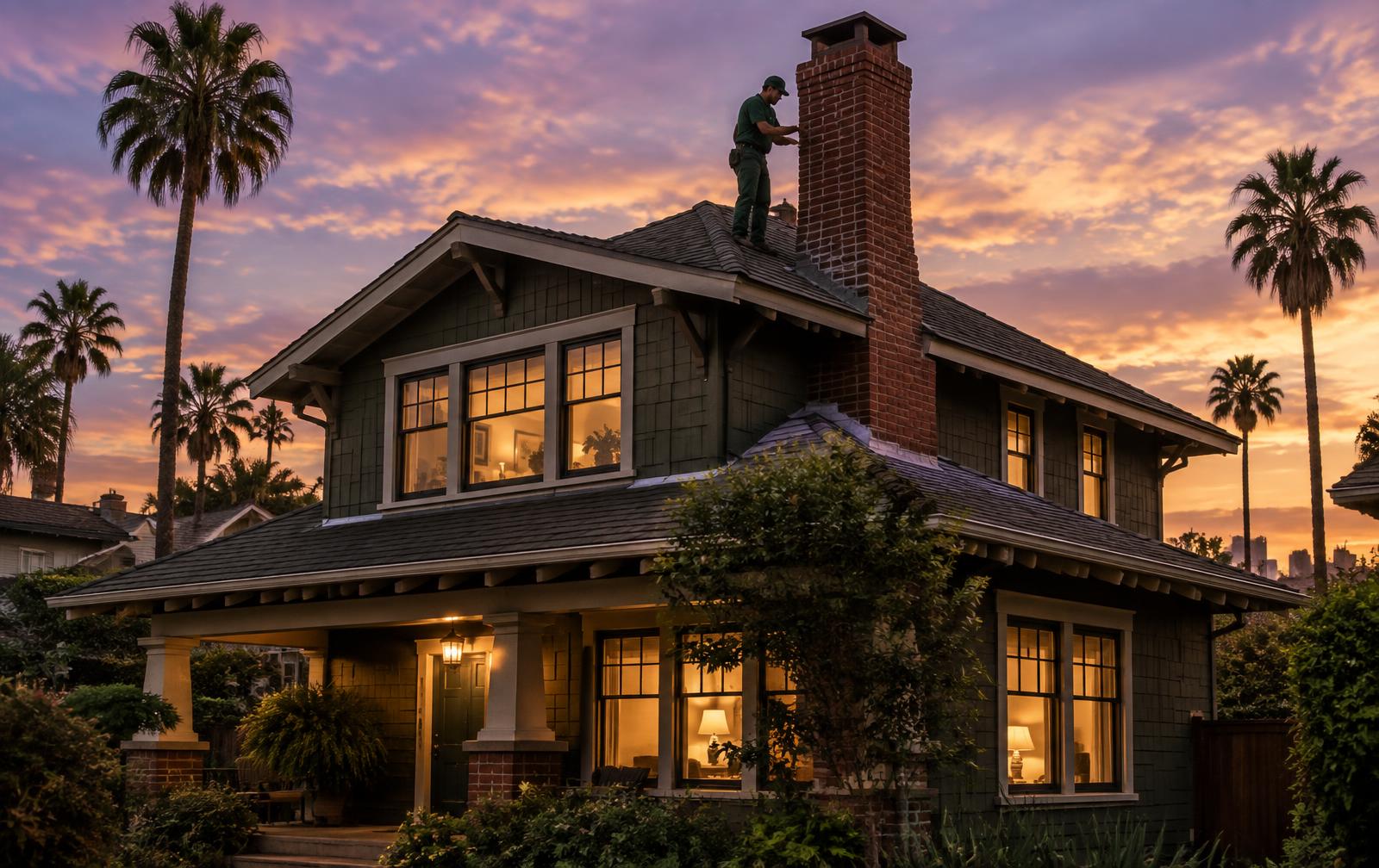 Chimney sweep technician working on a brick chimney of a Los Angeles home