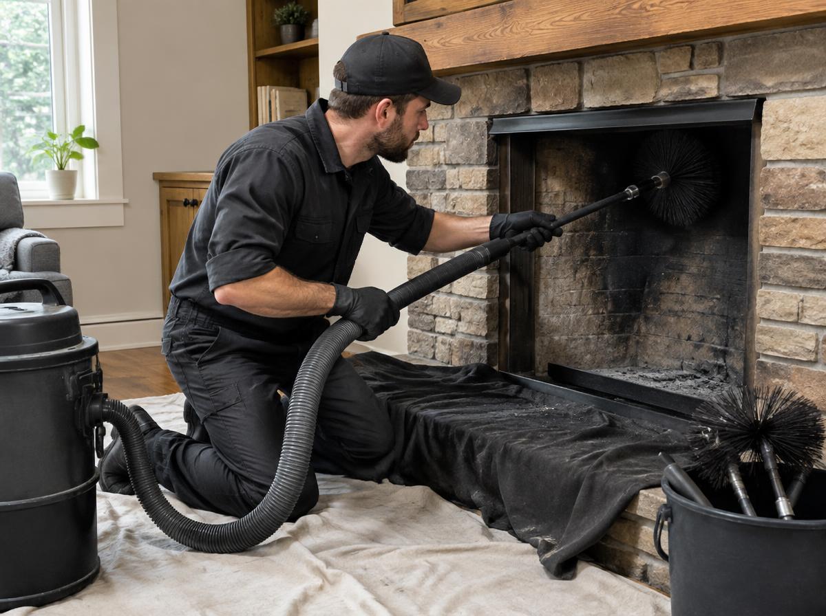 Chimney sweep technician cleaning a fireplace flue in Los Angeles, CA